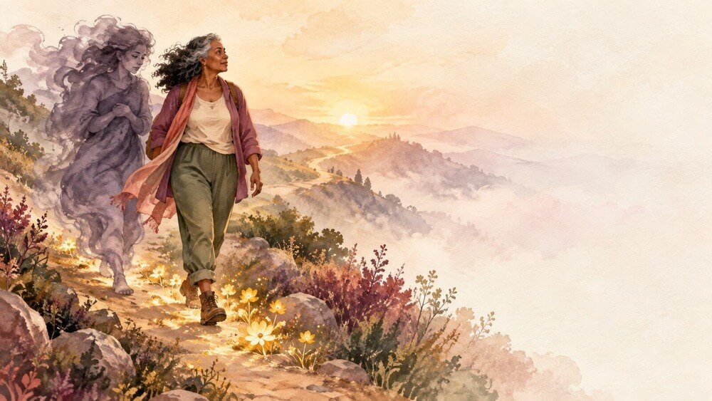 Mujer caminando al amanecer acompañada por la figura de la duda
