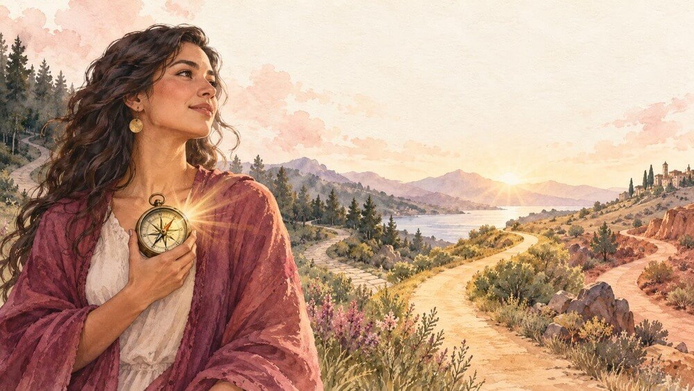 Mujer con una brújula luminosa sobre el pecho frente a un camino al atardecer
